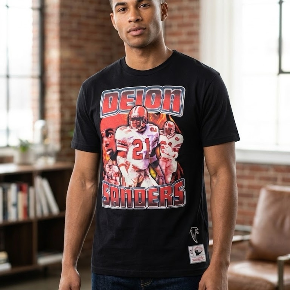 NWOT Mitchell & Ness Black Red Graphic Deion Sanders Tee